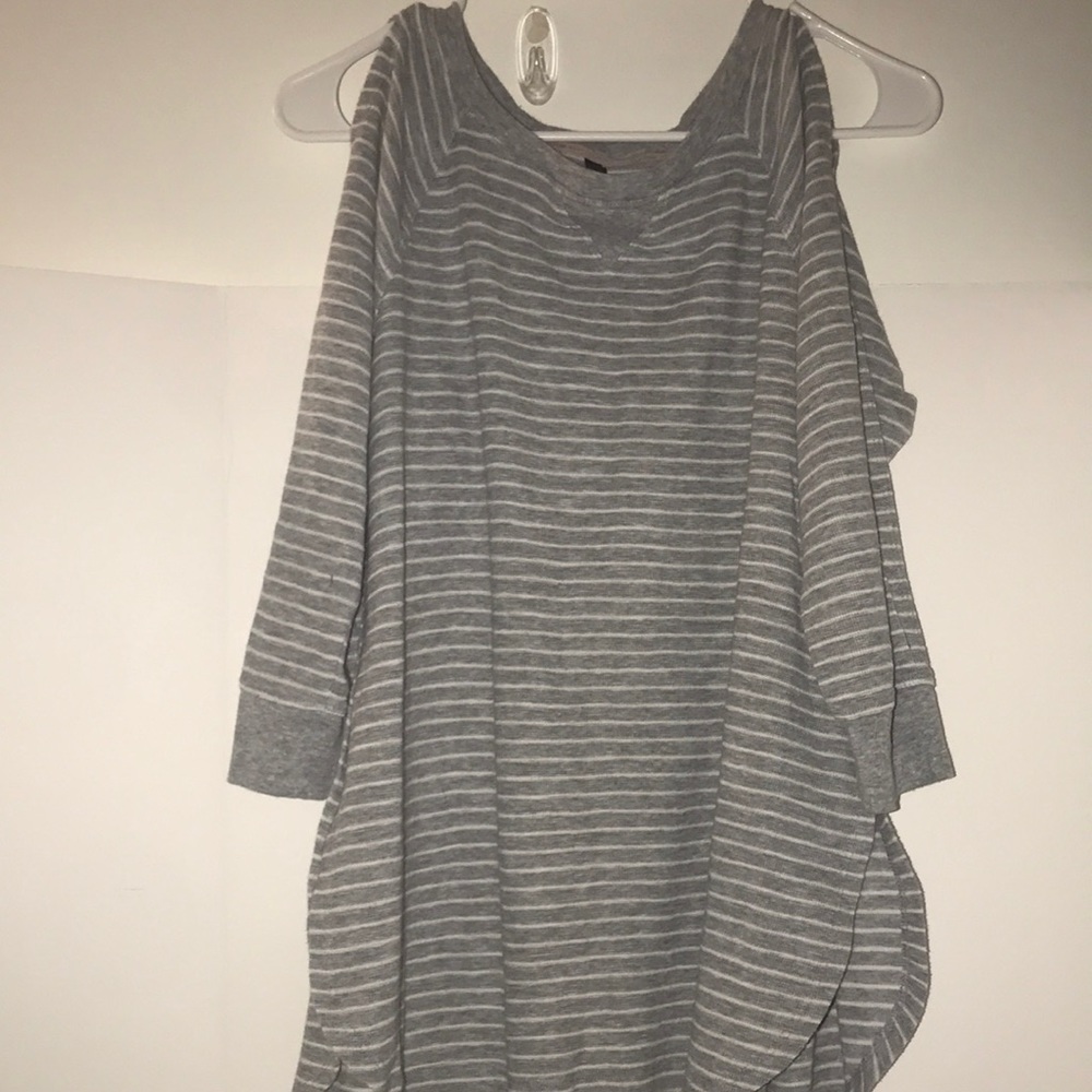 Calvin Klein top size L long sleeves performance cold shoulder gray white stripe